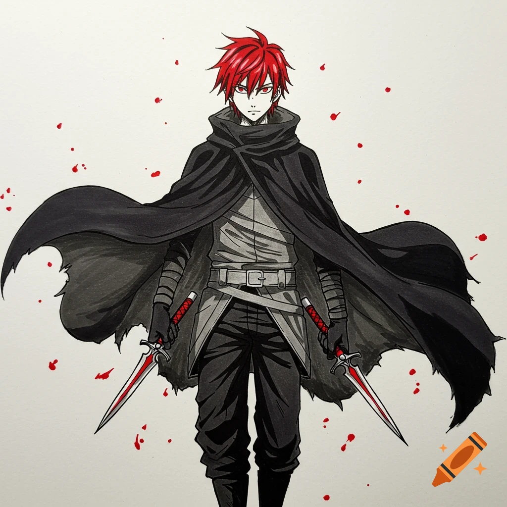 Anime-style drawing of a male character with spiky red hair, red eyes, wearing a black cloak, gray tunic, and holding two red-bladed daggers, against a white background with red splatters.