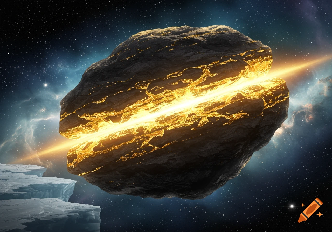 A dark asteroid with a glowing golden fissure, set against a starry cosmic background with nebulae and icy structures.