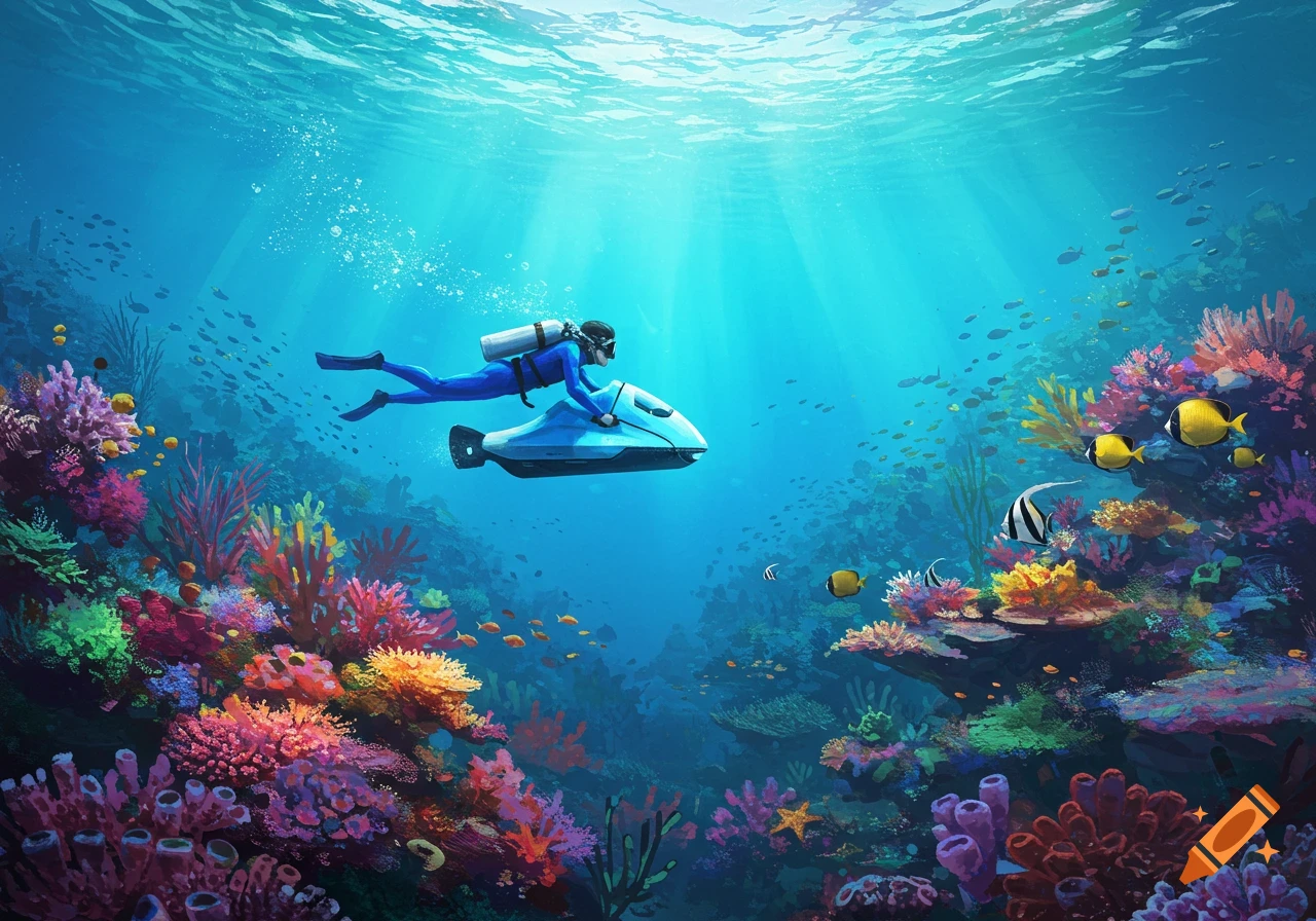A scuba diver on a sea scooter explores a vibrant coral reef filled with colorful fish and sunlight.