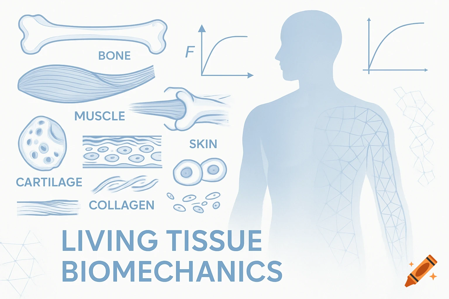 A schematic scientific illustration of living tissue biomechanics, featuring stylized representations of bone, muscle, cartilage, skin, collagen, cells, and a human silhouette with a mesh pattern, accompanied by graphs and labels.