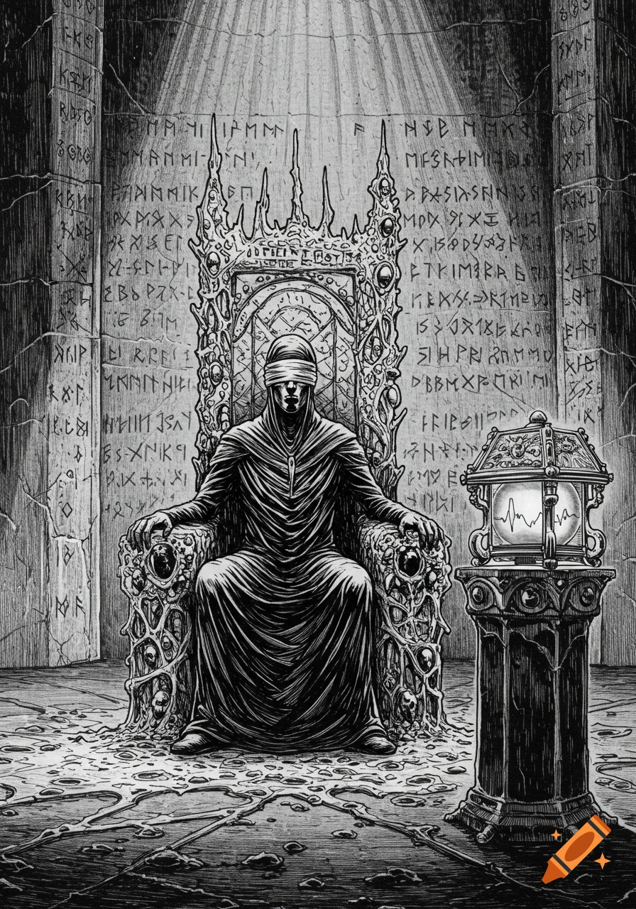 A blindfolded figure in flowing robes sits on a gnarled throne in a dark, rune-covered chamber, with a pulsating reliquary.