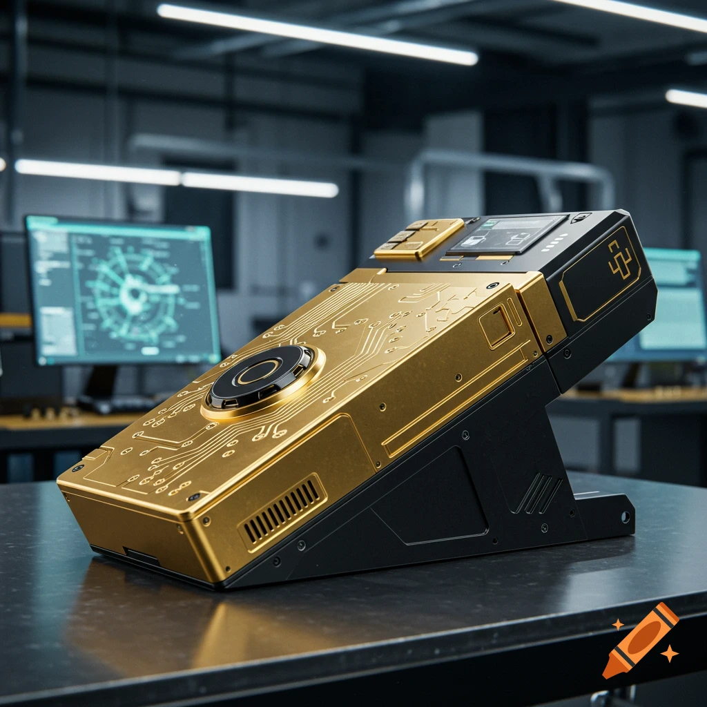 A shiny gold and black industrial transmitter with circuit patterns on a desk in a tech lab.