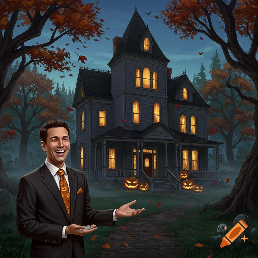 An illustration of a smiling real estate agent standing before a spooky Halloween mansion at dusk.
