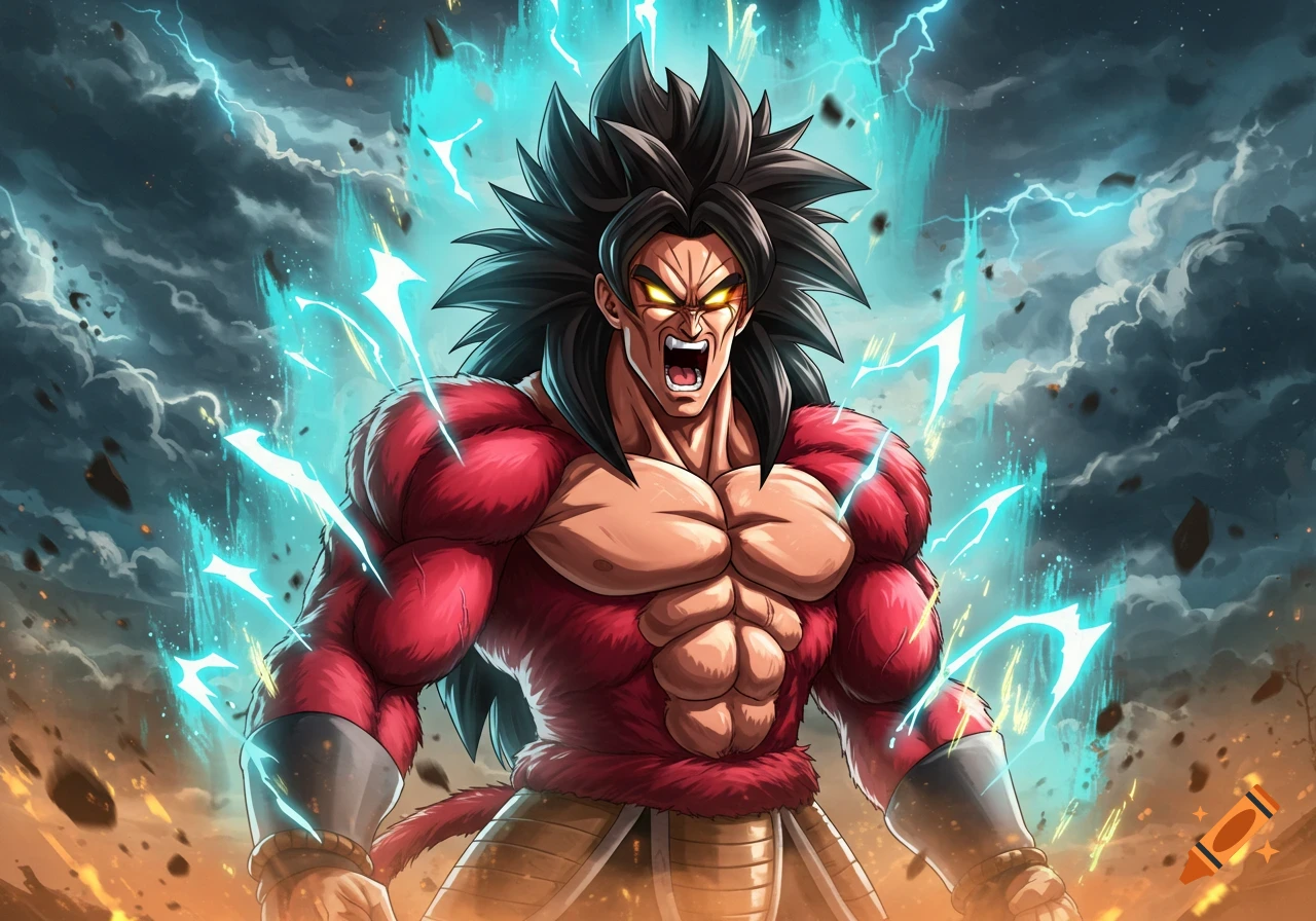 An anime character, similar to Super Saiyan 4 Goku, powers up with glowing eyes and bright blue energy surrounding him amidst stormy skies and debris.