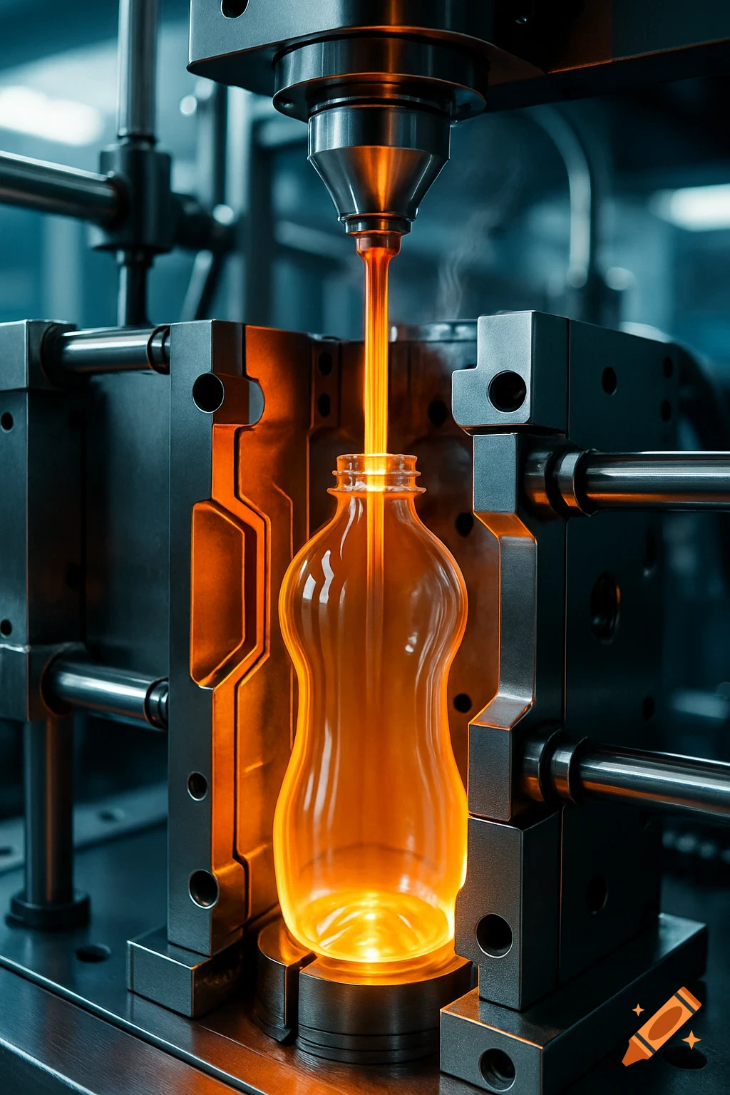 A glowing orange material is injected into a clear bottle within a dark metal industrial molding machine, highlighting the manufacturing process.
