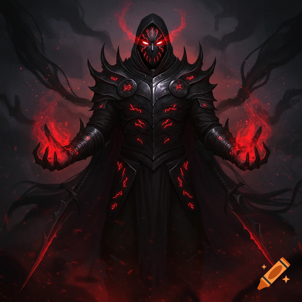 A dark fantasy figure in black spiked armor with glowing red eyes and ...