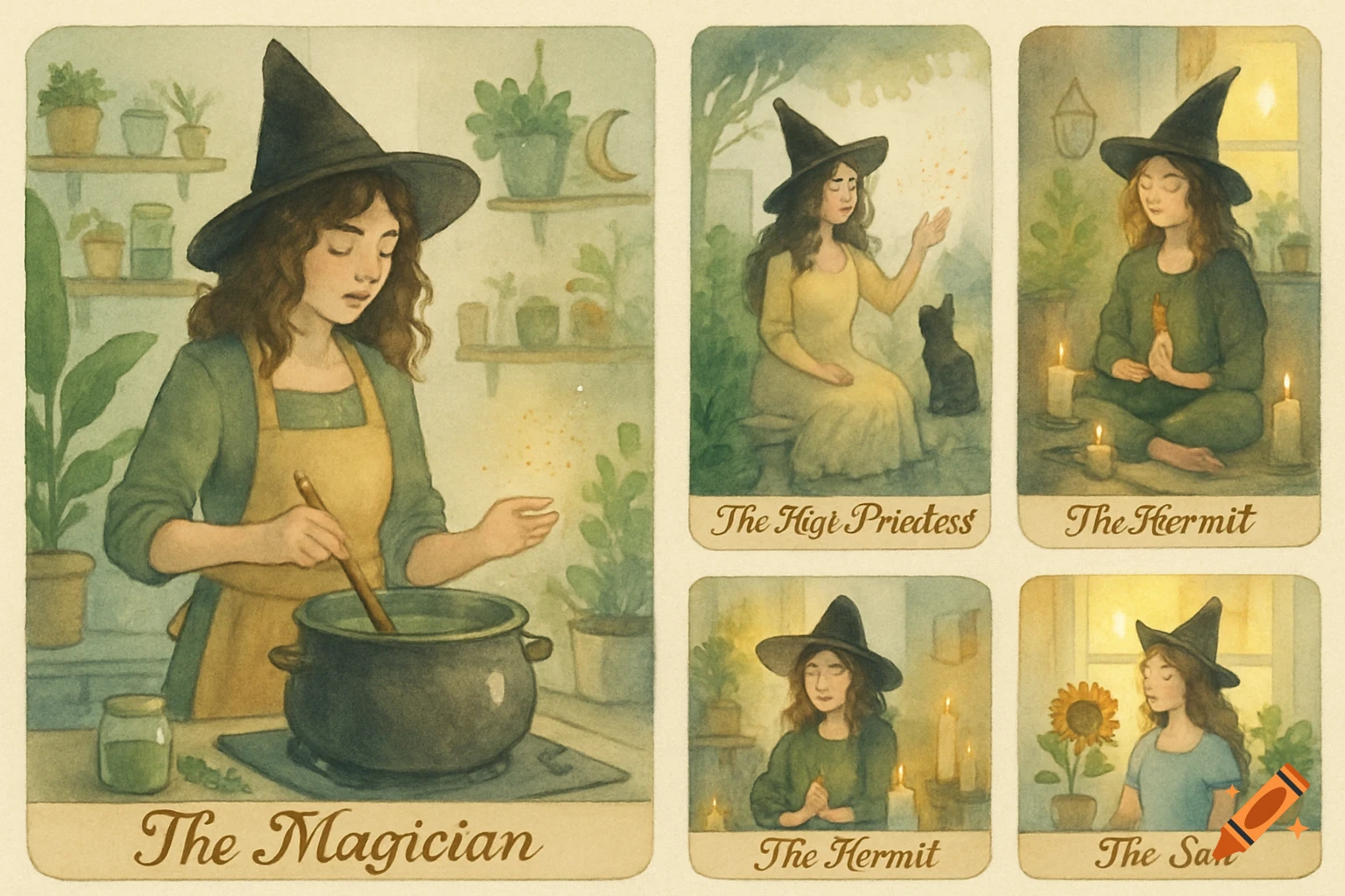 A watercolor illustration of five tarot cards featuring witches. The main card shows 'The Magician' cooking a potion, while smaller cards depict other witches.