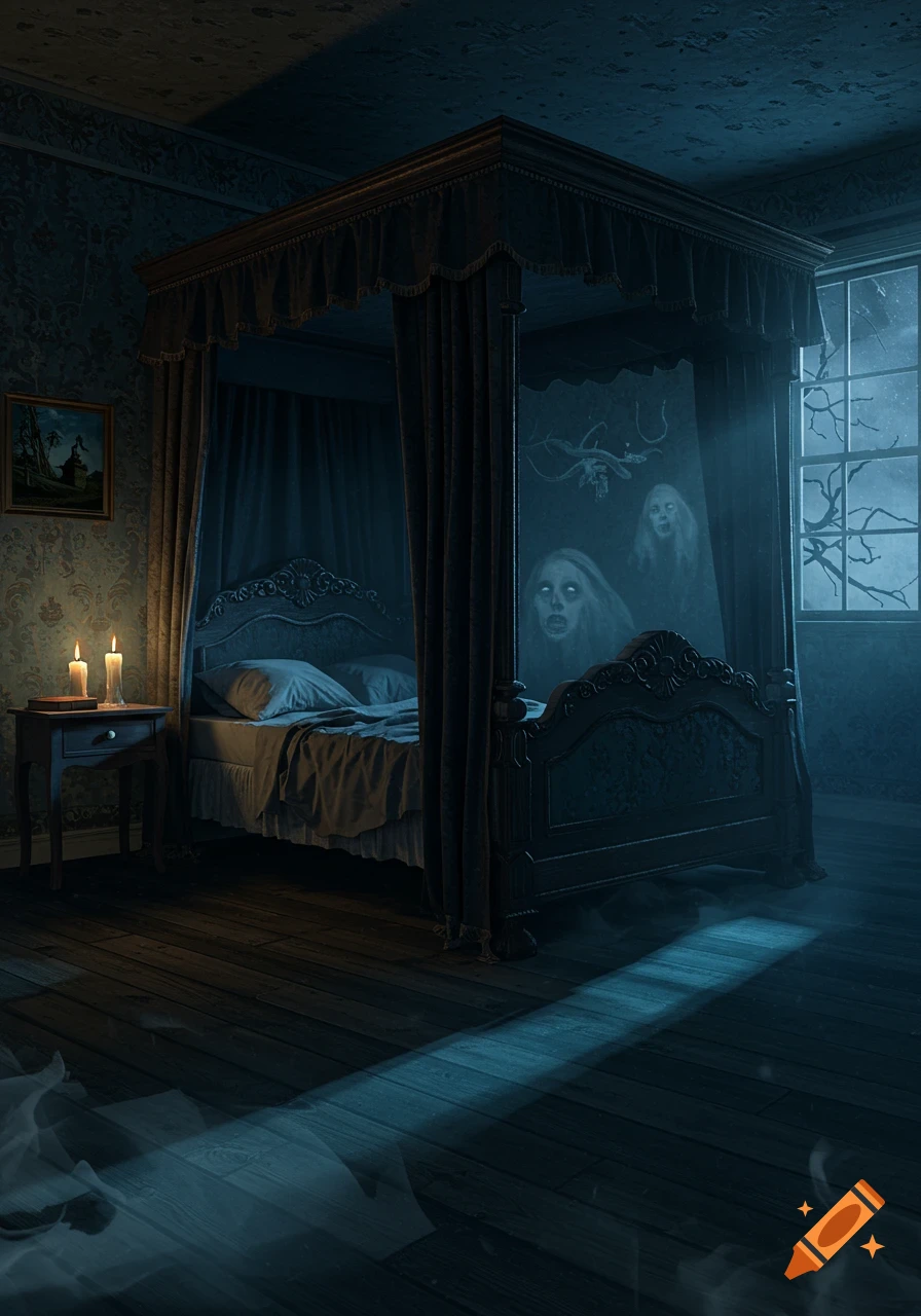 A dark, spooky gothic bedroom with a four-poster bed, lit by candles and moonlight, features two ghostly figures floating near the wall.