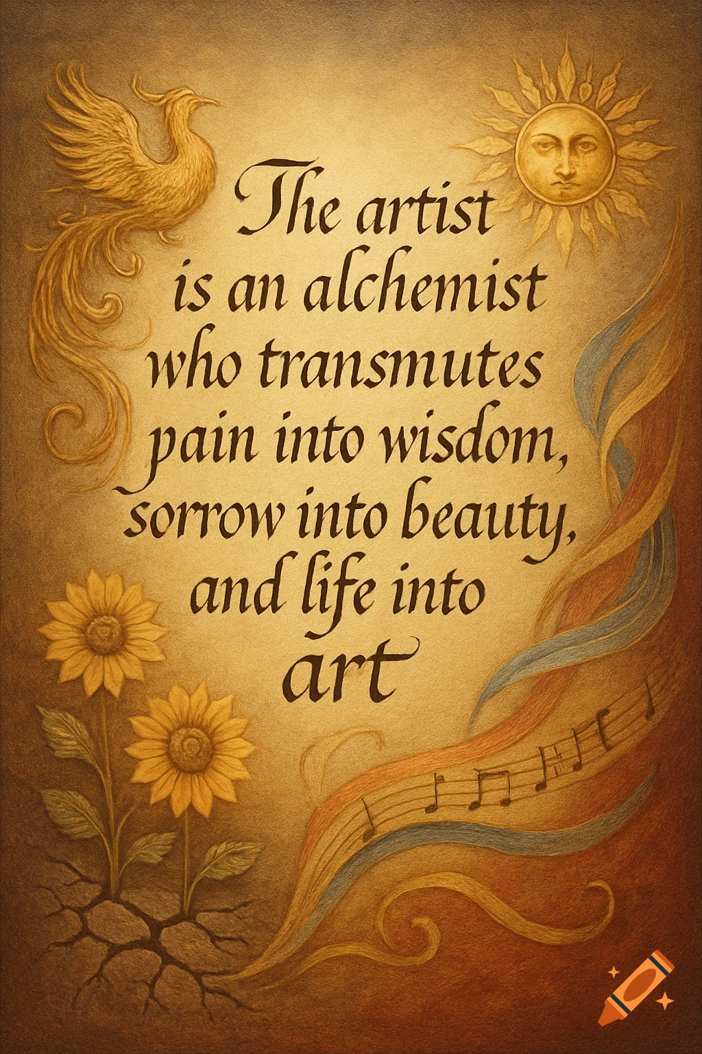 Calligraphic quote, 'The artist is an alchemist...', on parchment with a phoenix, sun, sunflowers, and musical notes in a warm, ornate style.