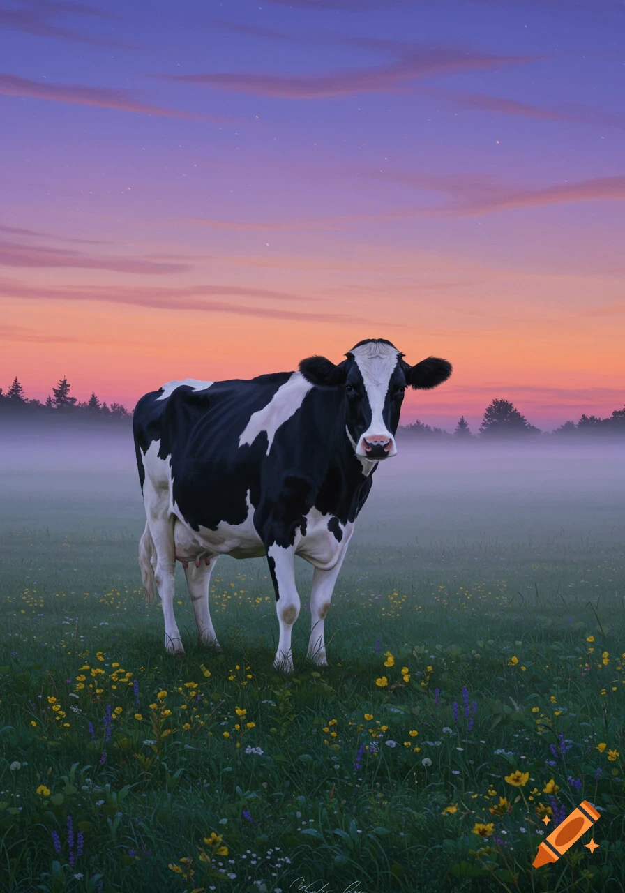 A black and white cow stands in a misty, flower-filled field under a vibrant purple and orange sunset sky.