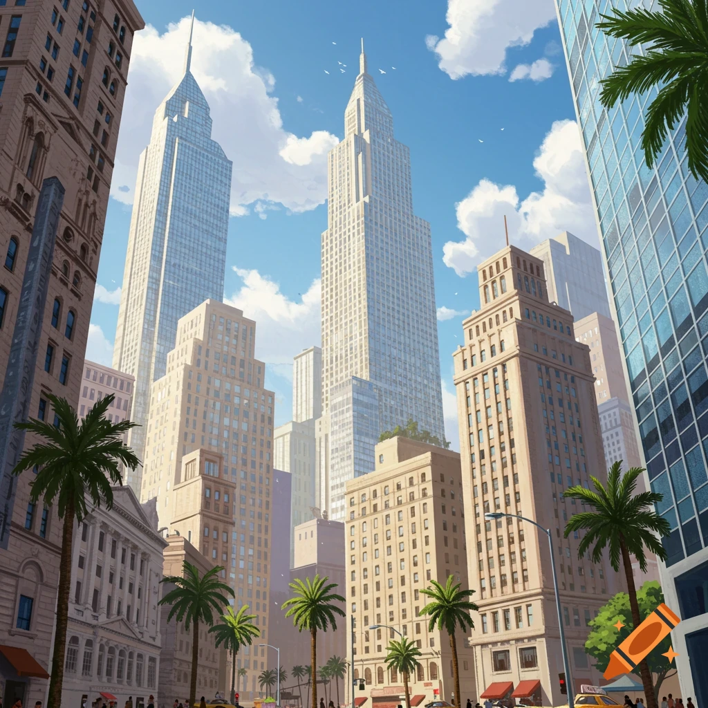 A low-angle view of a bustling city street with tall skyscrapers, classic buildings, and palm trees under a blue sky.