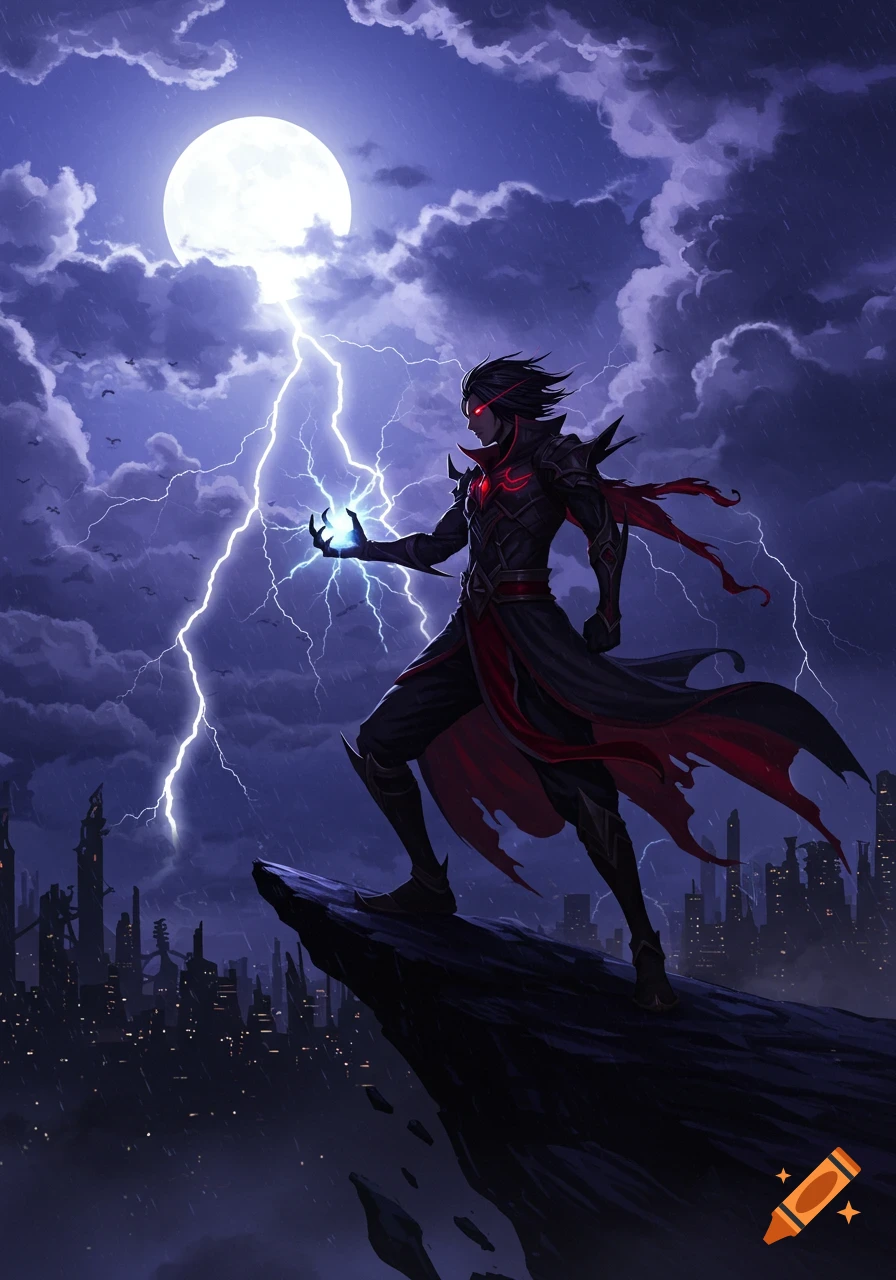 An anime villain with red glowing eyes and dark clothing stands on a cliff under a full moon and storm, casting lightning over a futuristic city.