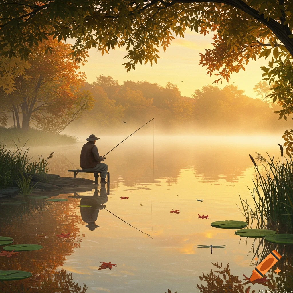 A man fishes from the bank of a misty lake surrounded by golden autumn trees at sunrise, with reflections in the water.