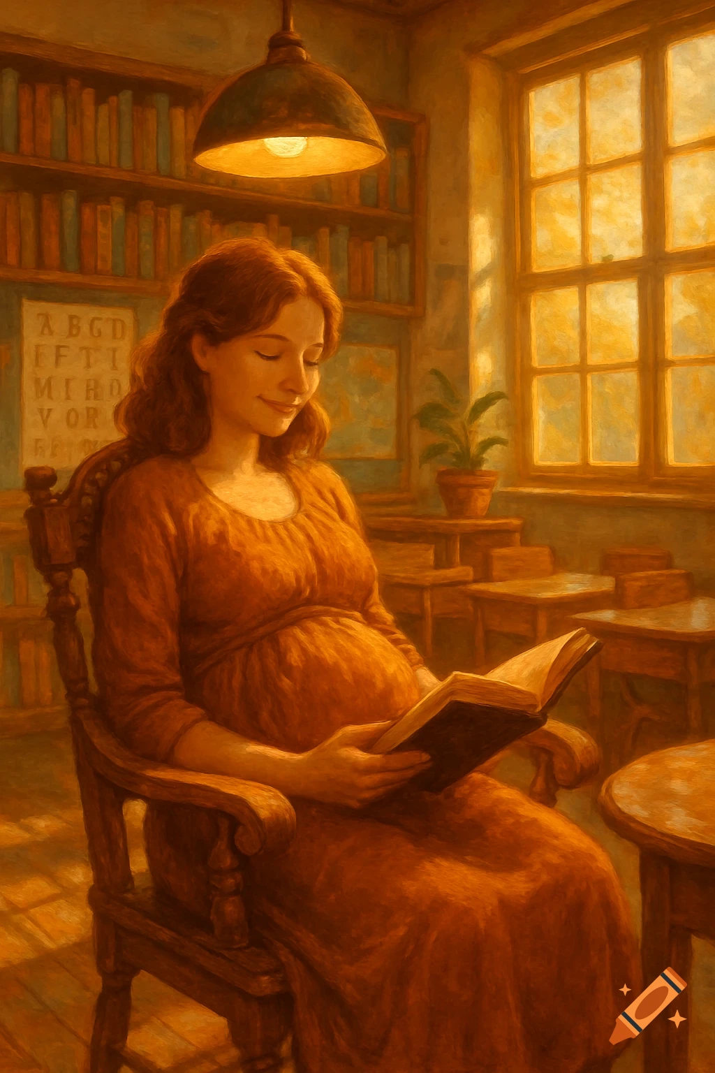 A pregnant woman with red hair reads a book in a warm, painterly, sunlit room with bookshelves and a window.