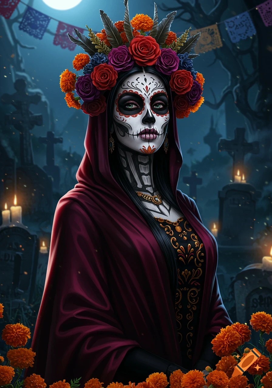 Elaborate Calavera Catrina with floral crown and red robe in a candlelit graveyard at night, detailed art.