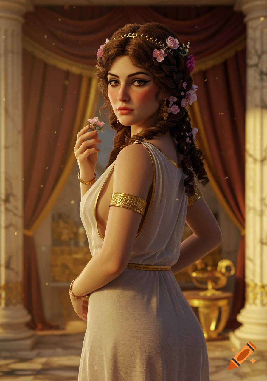 Photorealistic portrait of an ancient Greek woman in a chiton, adorned with flowers and gold jewelry, holding a pink flower.