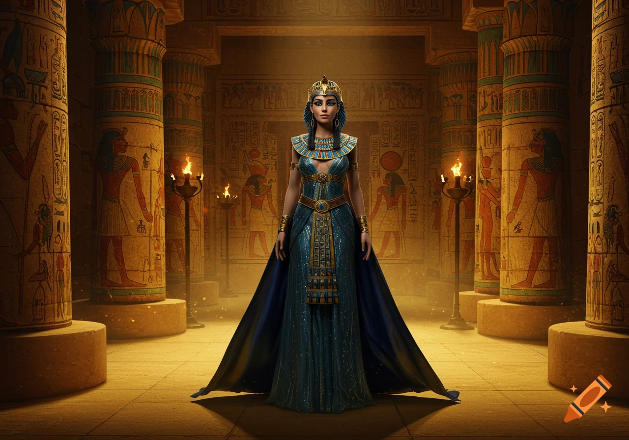 An Egyptian queen in a blue and gold gown and headdress stands in a richly decorated ancient temple with flaming torches.