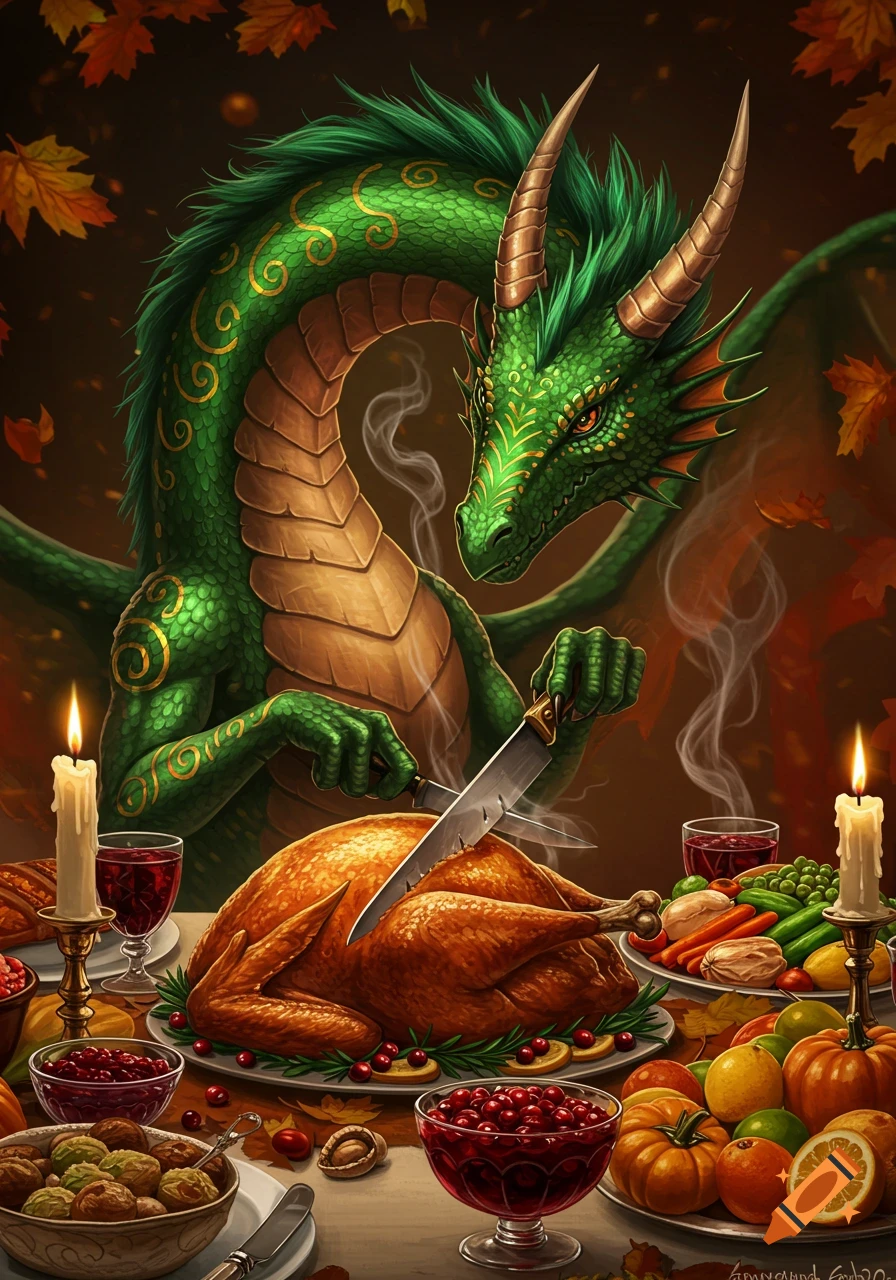 A majestic green dragon carves a roasted turkey at a festive Thanksgiving dinner table, surrounded by autumn decor.