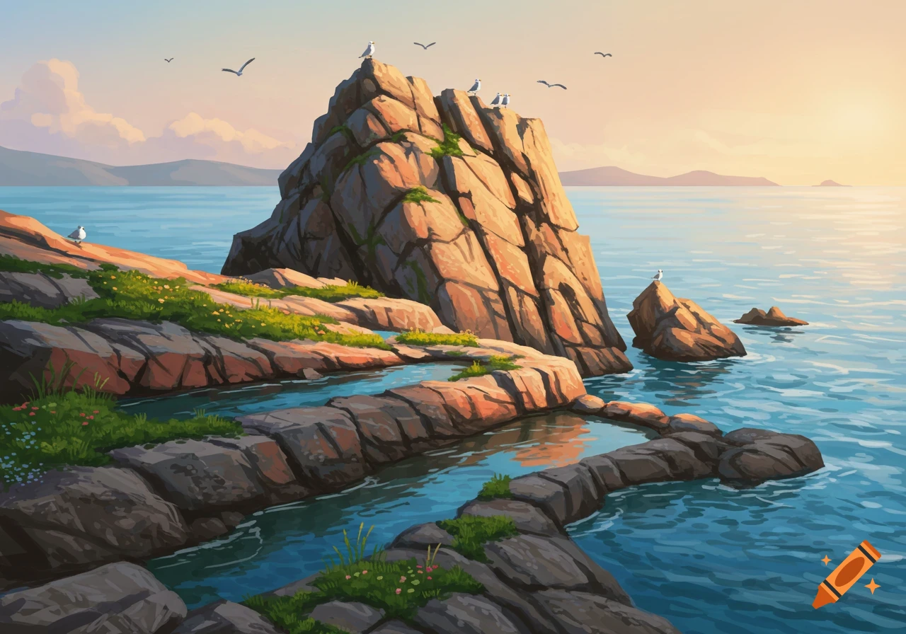 A vibrant, painterly landscape of a rocky Mediterranean coastline with seagulls, clear blue water, and a sunset sky.