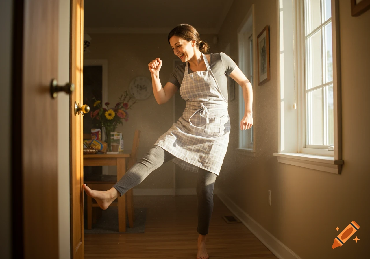 A smiling barefoot woman in a plaid apron vigorously kicks a wooden door, dust dancing in sunbeams in a home.