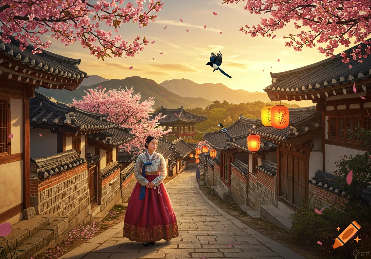 A woman in a red hanbok stands on a stone street lined with traditional Korean houses and blooming cherry trees at sunset.
