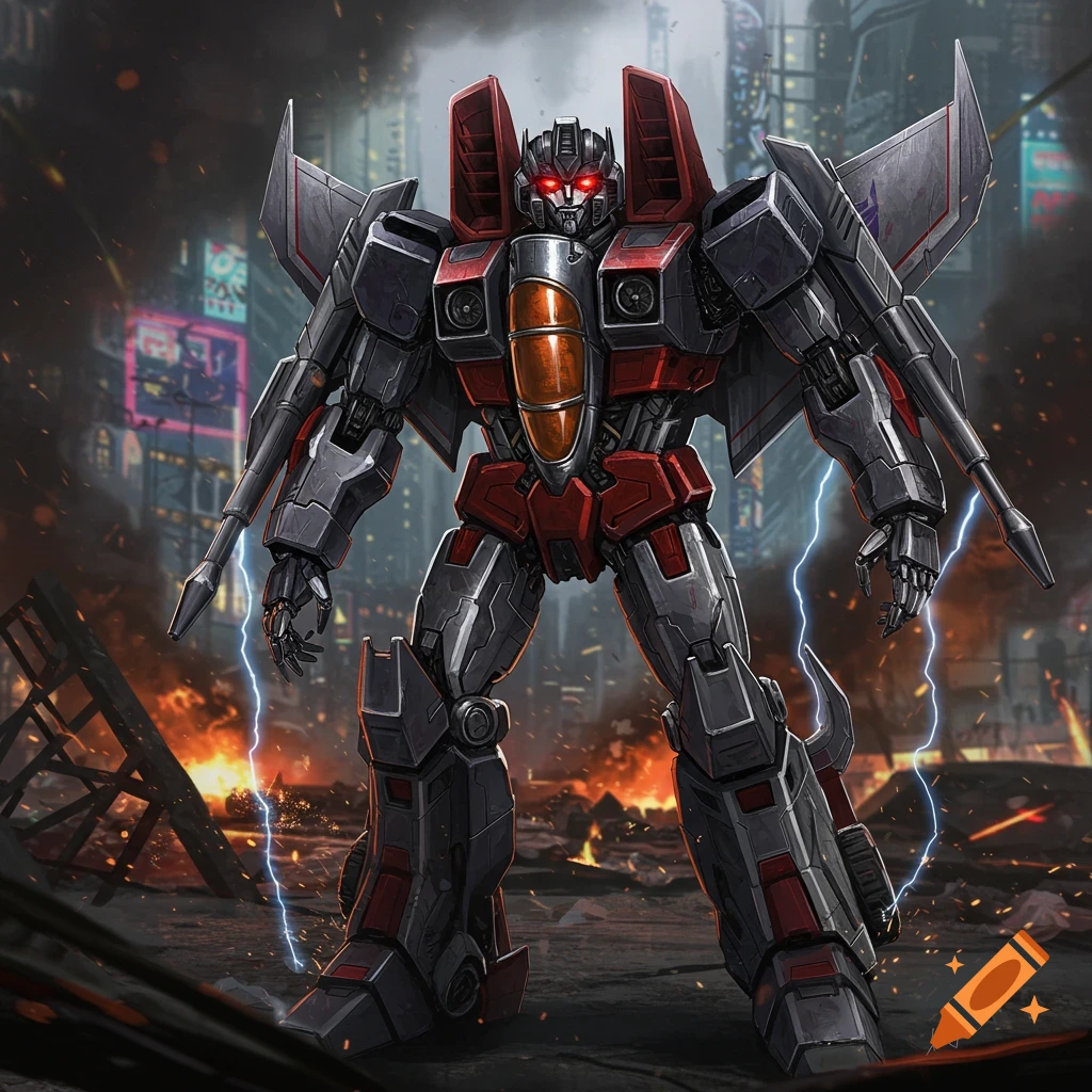 Starscream, a red and gray Transformer, stands amidst a burning, ruined city with lightning, in a detailed digital art style.