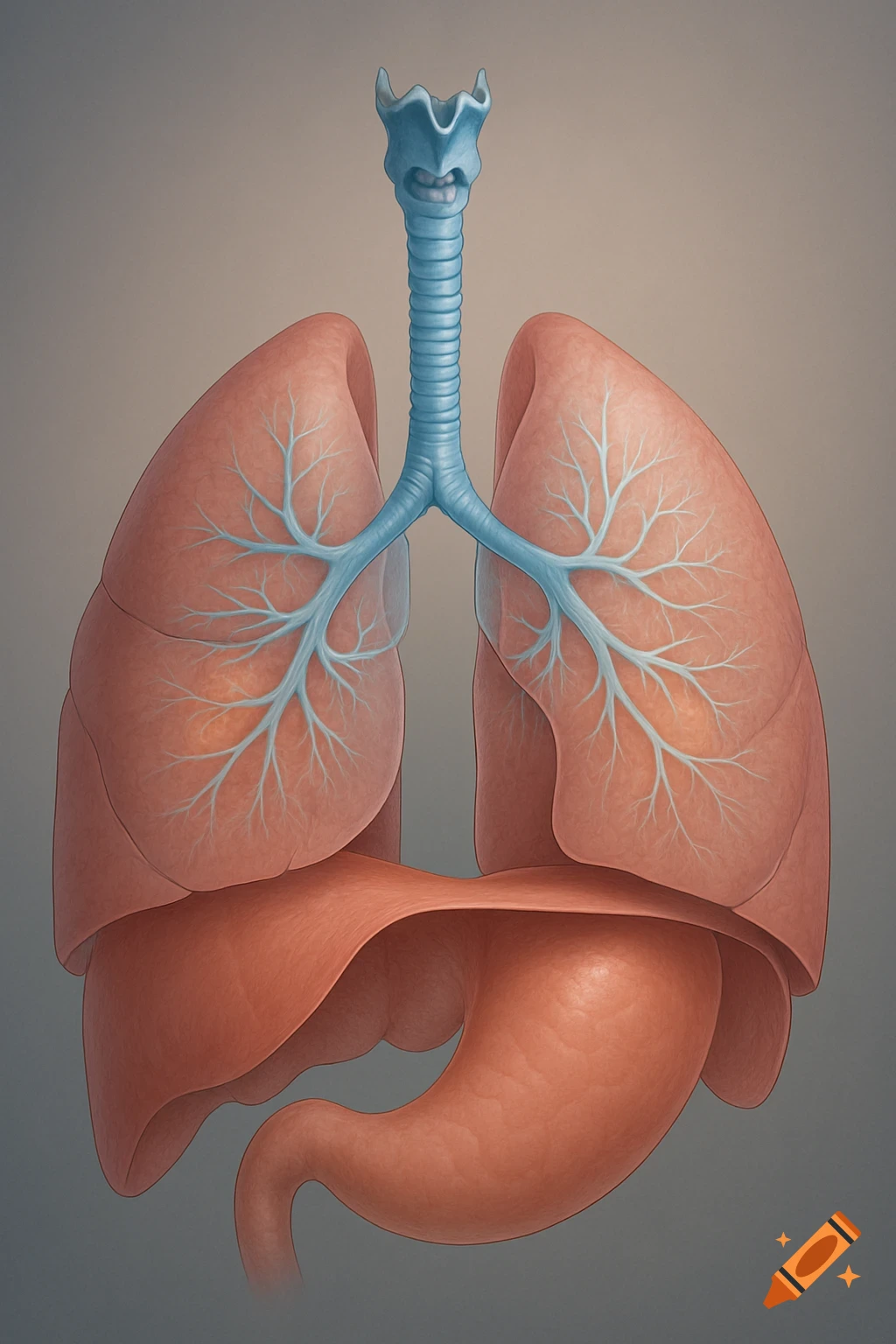 An anatomical illustration of the human respiratory system, including lungs, trachea, bronchi, diaphragm, and stomach.