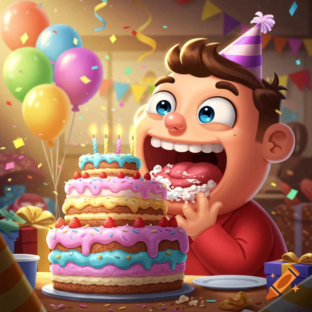 A cartoon boy in a party hat enthusiastically eats a large, colorful tiered birthday cake, surrounded by balloons and confetti.