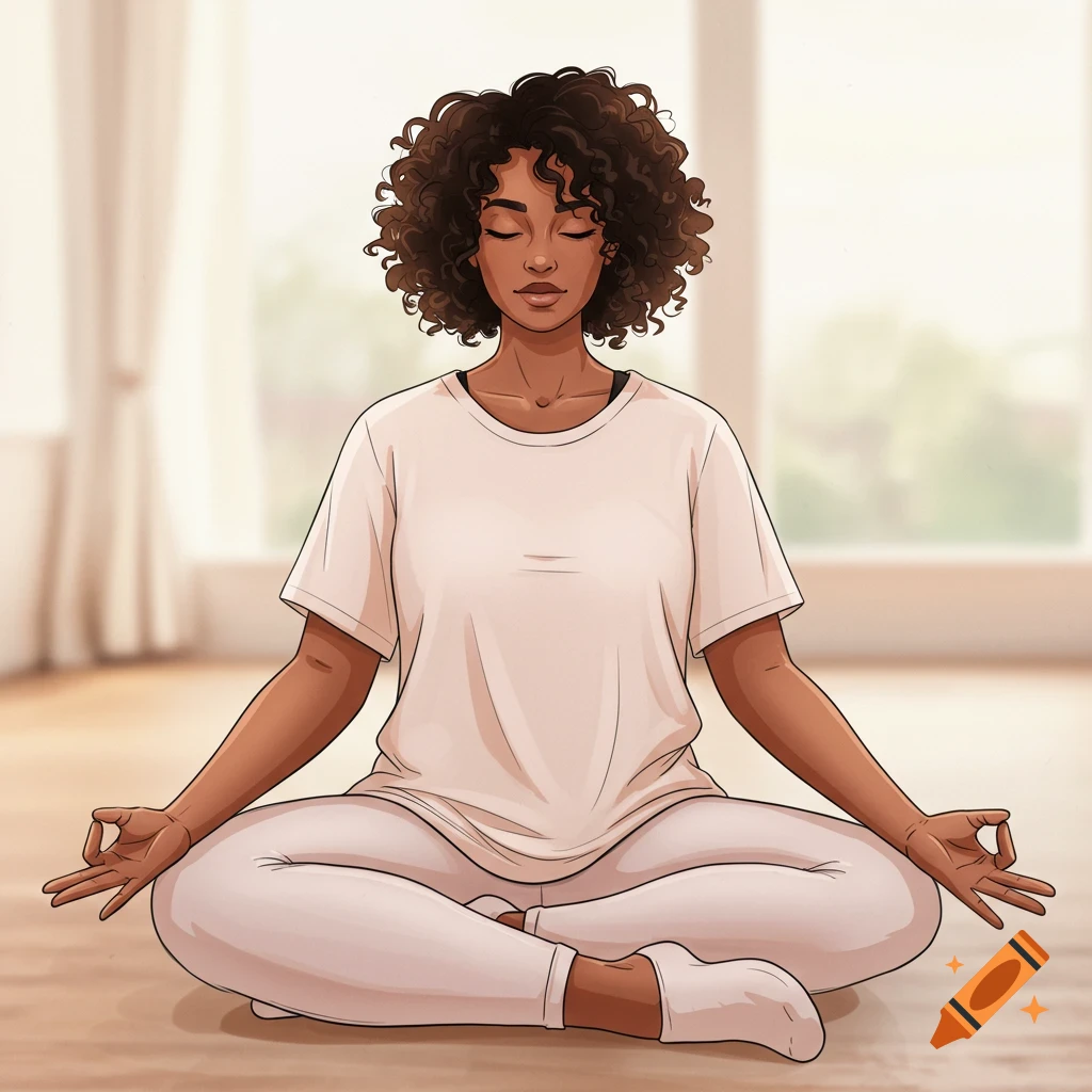 An illustrated woman with curly hair meditates in a lotus position, wearing a white t-shirt and light pants, in a warm, minimalist room.