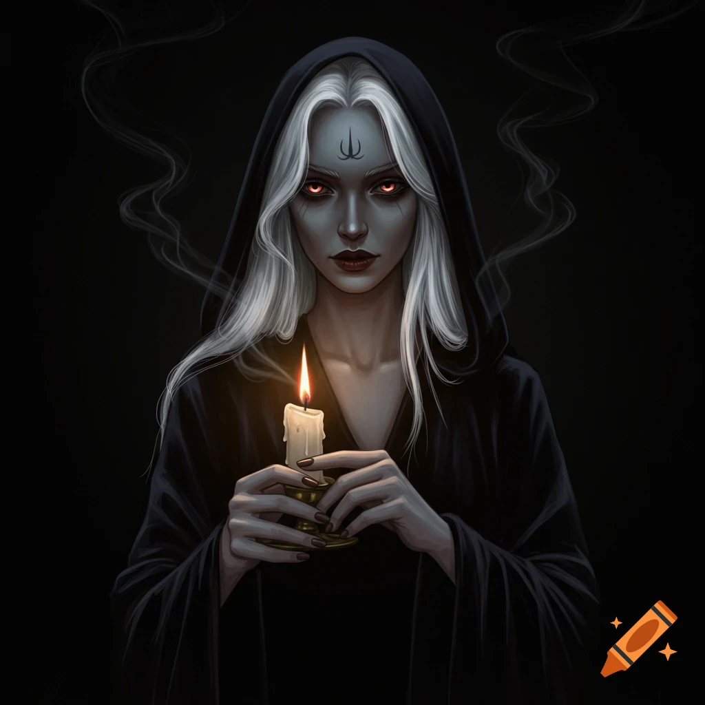 A dark fantasy witch with white hair and glowing red eyes, in a black hood, holds a lit candle amidst swirling smoke on a dark background.