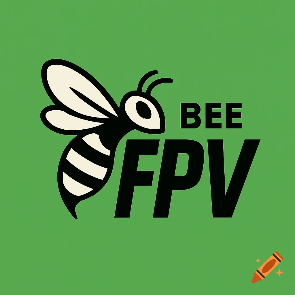 A cartoonish black and white bee logo with the words BEE and large FPV on a green background.
