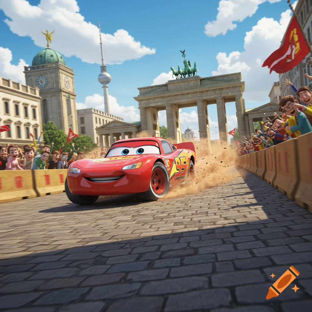 Lightning McQueen races through Berlin, kicking up dust in front of the Brandenburg Gate and TV Tower, under a blue sky, in an animated style.