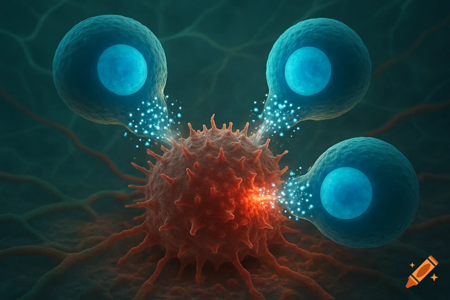 Microscopic view of three blue immune cells attacking a spiky red cell with glowing particles.