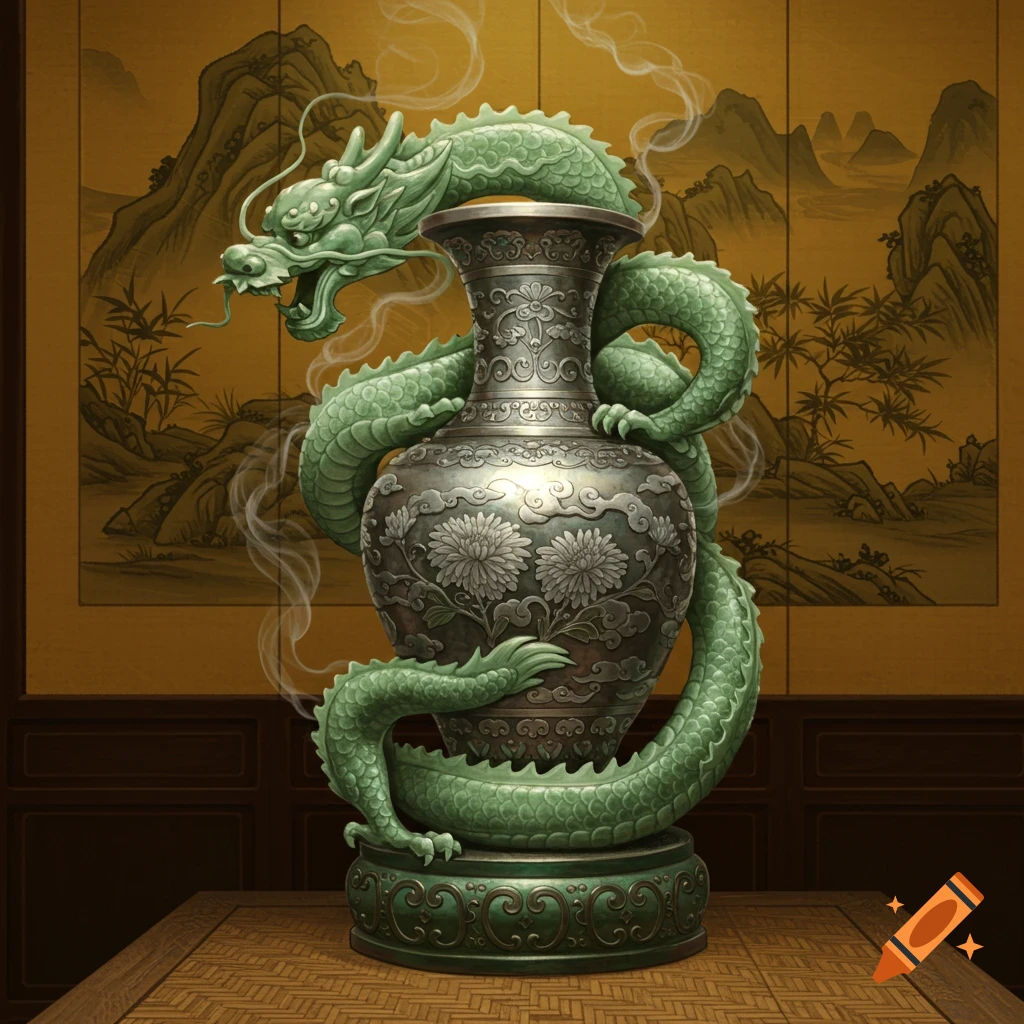 A green jade dragon coils around an ornate silver vase with floral patterns, against a golden screen with a painted landscape.