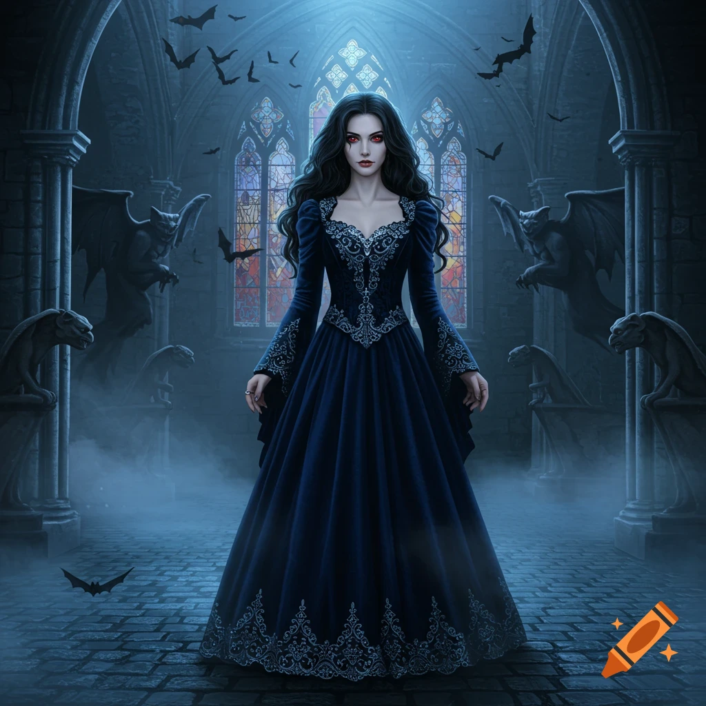 A gothic vampire woman with red eyes and long dark hair, in a blue gown, stands in a misty cathedral with gargoyles and bats.