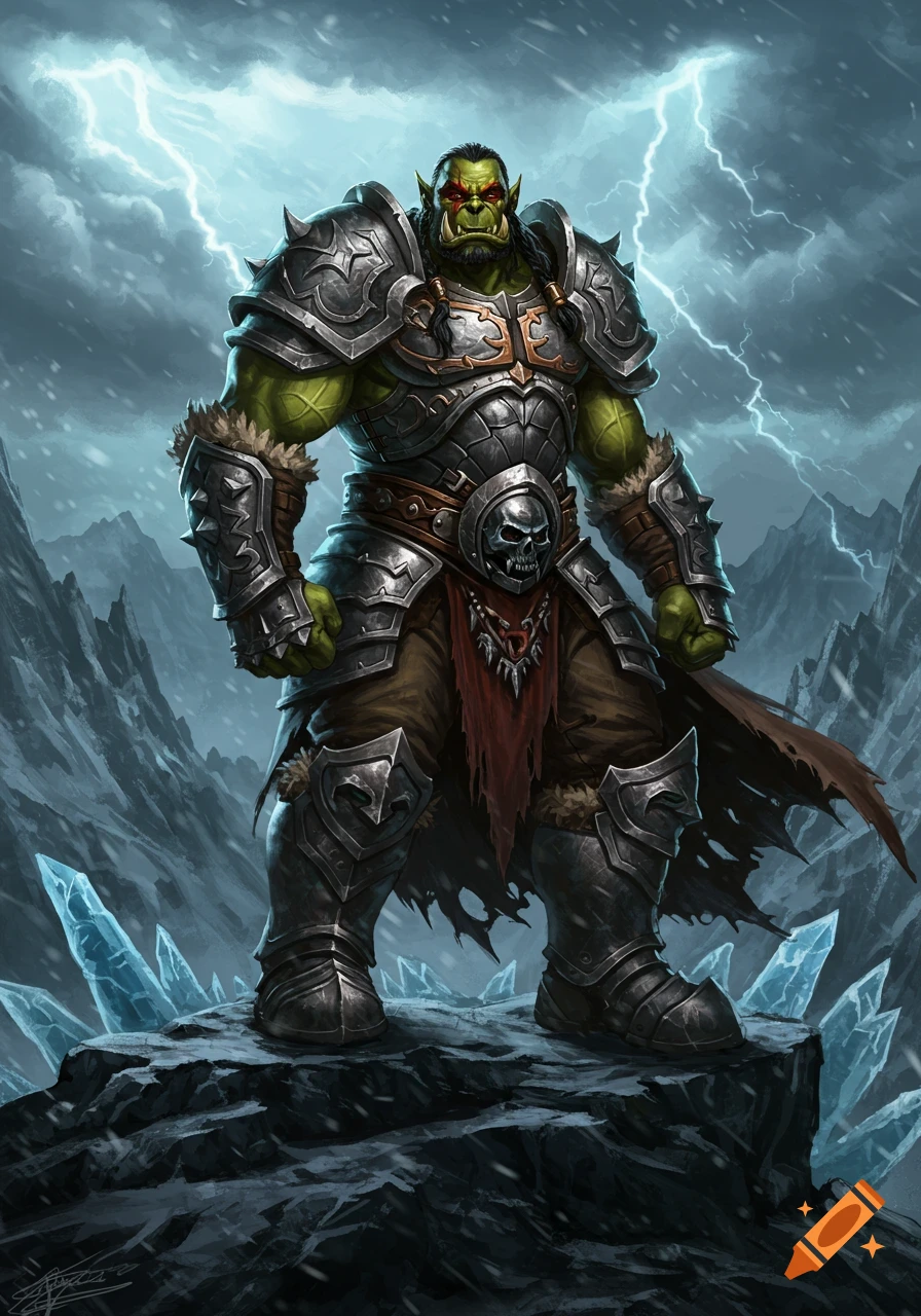 A powerful green-skinned orc warrior in heavy metal armor stands on a snowy mountain under a stormy, lightning-filled sky in a fantasy illustration.