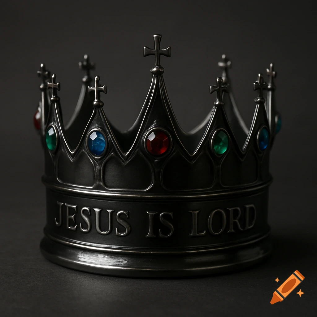 A dark metallic crown adorned with colorful red, blue, and green jewels and crosses, featuring the embossed text 'JESUS IS LORD' on its band.