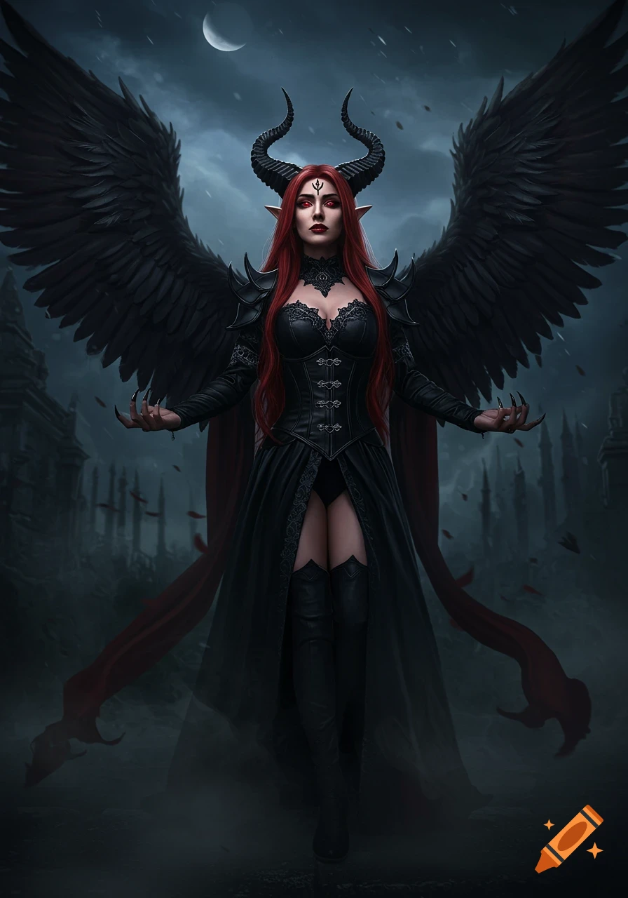A dark fantasy female character with red hair, horns, black wings, and a black gothic dress stands in a moonlit, ruined landscape.