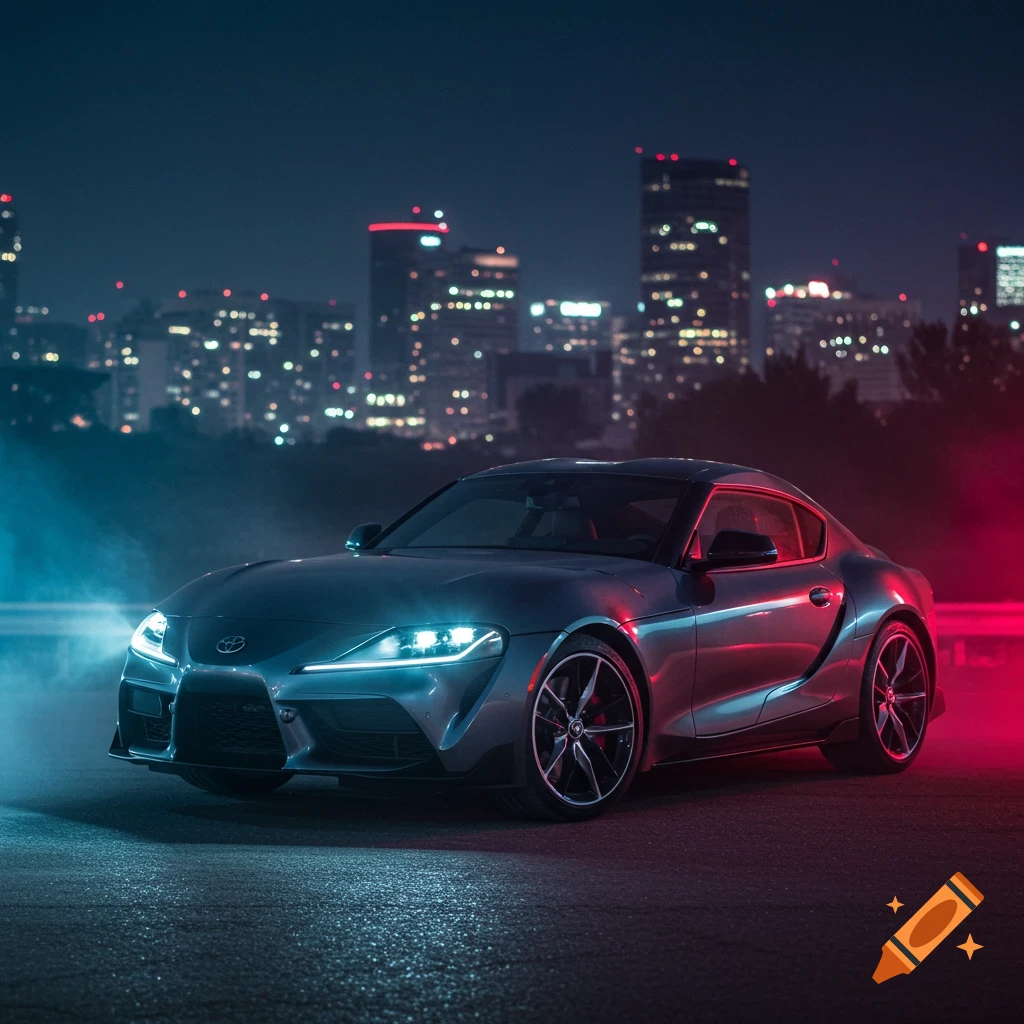 A grey Toyota Supra sports car on a wet street at night, illuminated by blue and red lights, with a city skyline in the background.