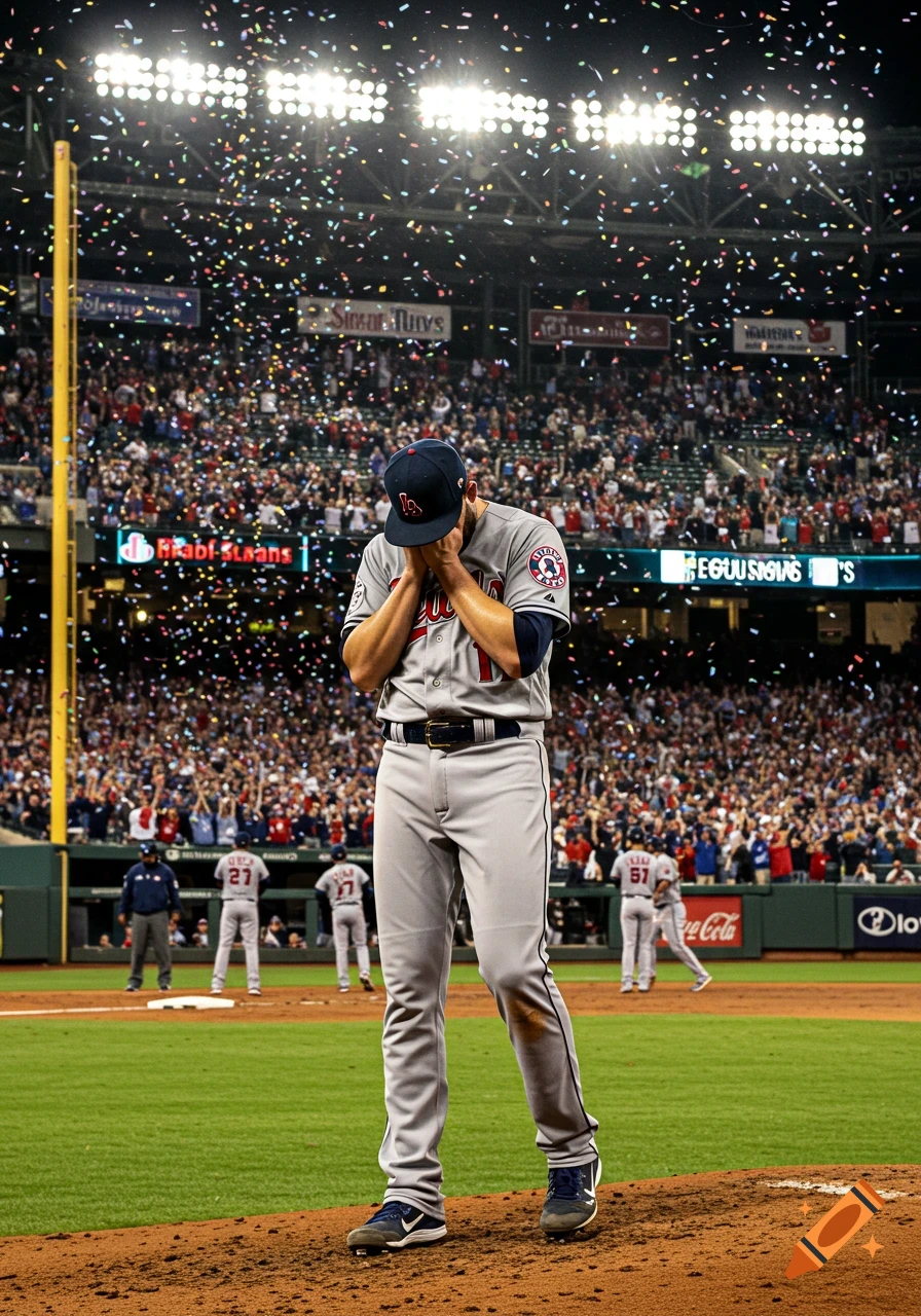 A photorealistic image of a baseball pitcher on the mound, hands covering his face in apparent distress, confetti falling in a crowded stadium.