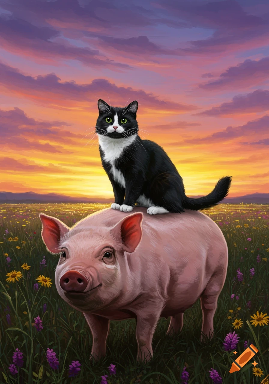 A black and white cat sits on a pink pig's back in a field of wildflowers at sunset, digital painting style.