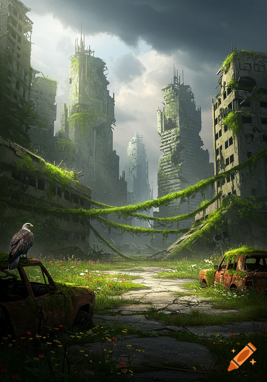 An eagle perches on a rusty car in a ruined, overgrown city with towering dilapidated buildings enveloped by lush green vines and foliage under a cloudy sky.