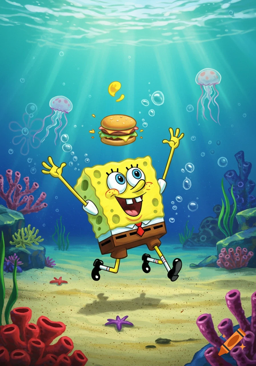 SpongeBob SquarePants happily swims underwater with a Krabby Patty burger, surrounded by jellyfish and coral reefs in a vibrant cartoon style.