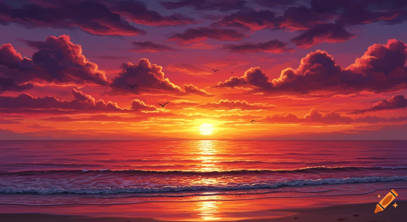 Vibrant painterly sunset over a calm ocean with red and orange clouds ...