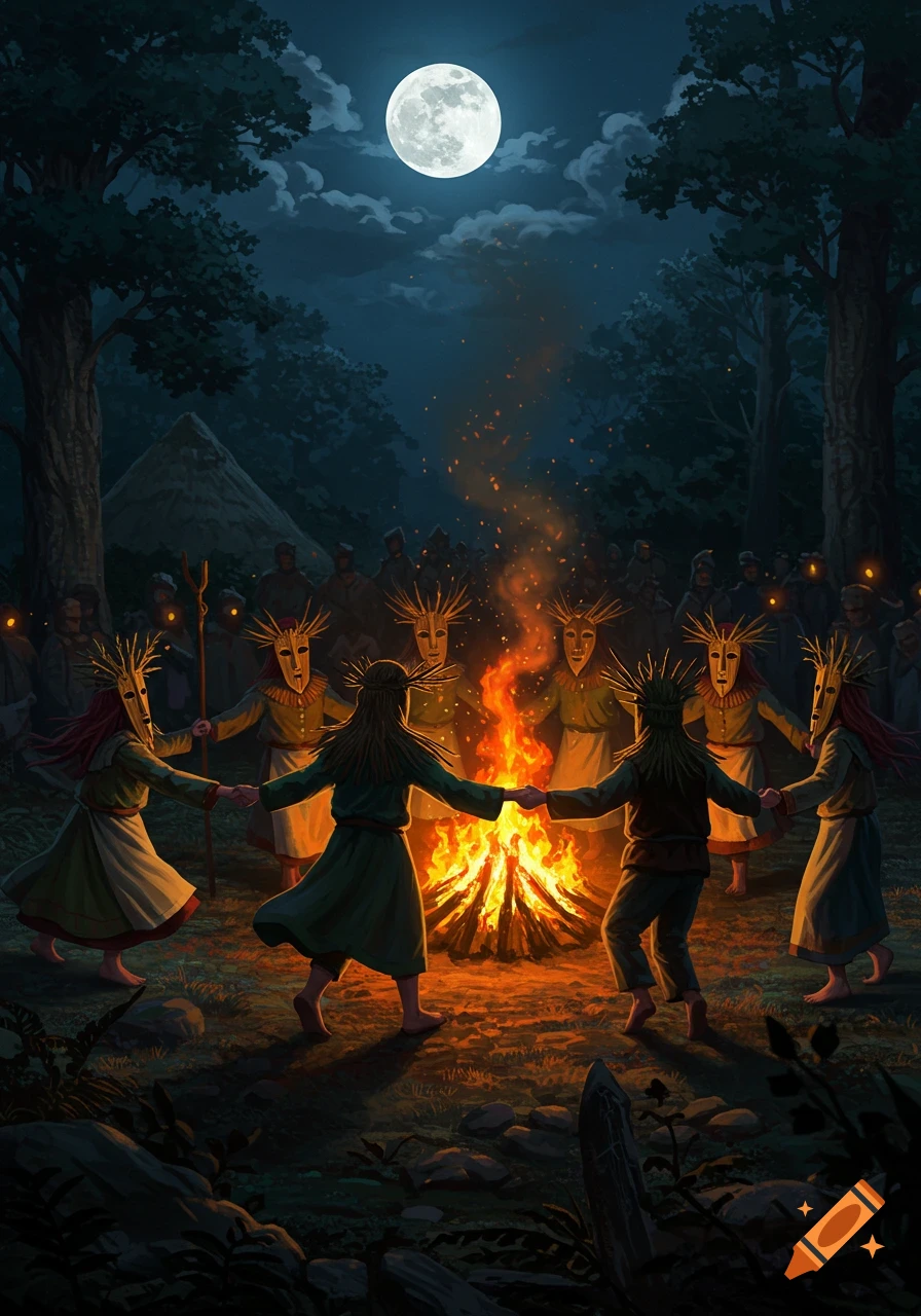 Masked figures in a pagan ritual dance around a large bonfire under a full moon in a dark forest, fantasy illustration.
