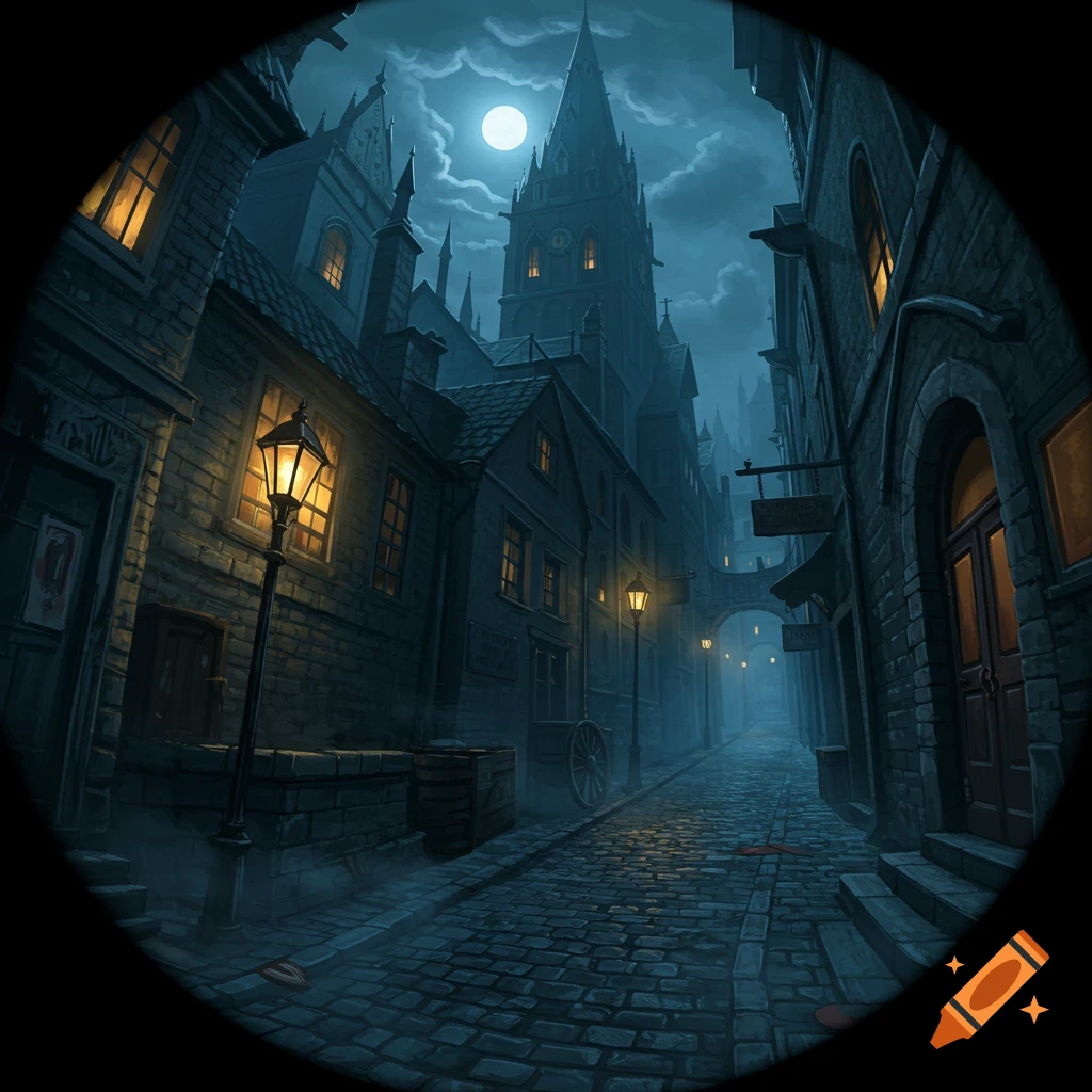 A dark, atmospheric street with gothic buildings and a church under a full moon, seen through a fisheye lens, evoking a horror comic style.