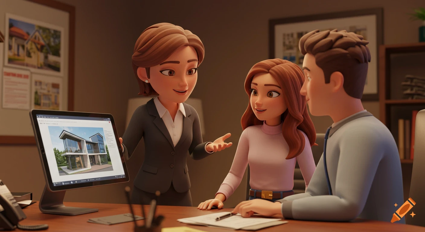A Pixar-style 3D cartoon of a real estate agent showing a modern house on a tablet to a young couple in an office.