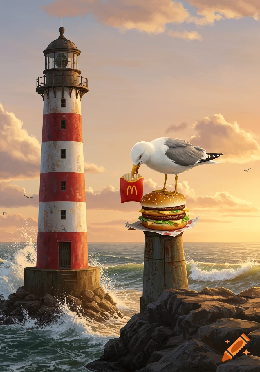 A seagull eats fries from a McDonald's box atop a giant Big Mac next to a red and white lighthouse, with ocean waves at sunset.