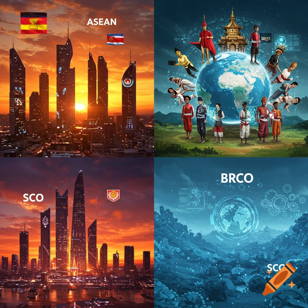 A four-panel image featuring futuristic cityscapes, a globe surrounded by diverse people, and a tech-themed abstract landscape, representing international cooperation in AI.