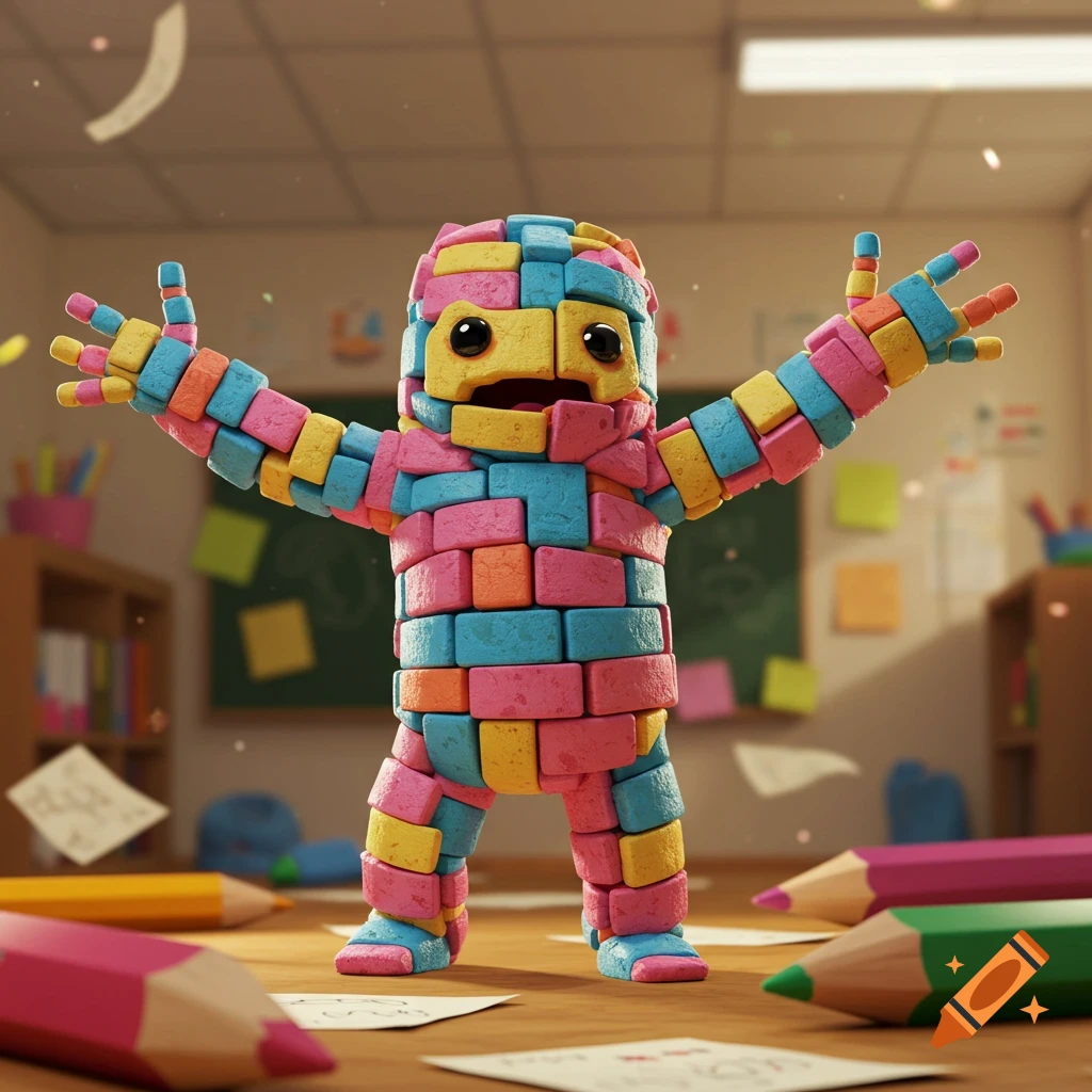 A colorful block-like character with outstretched arms stands on a desk in a classroom, surrounded by pencils and papers.